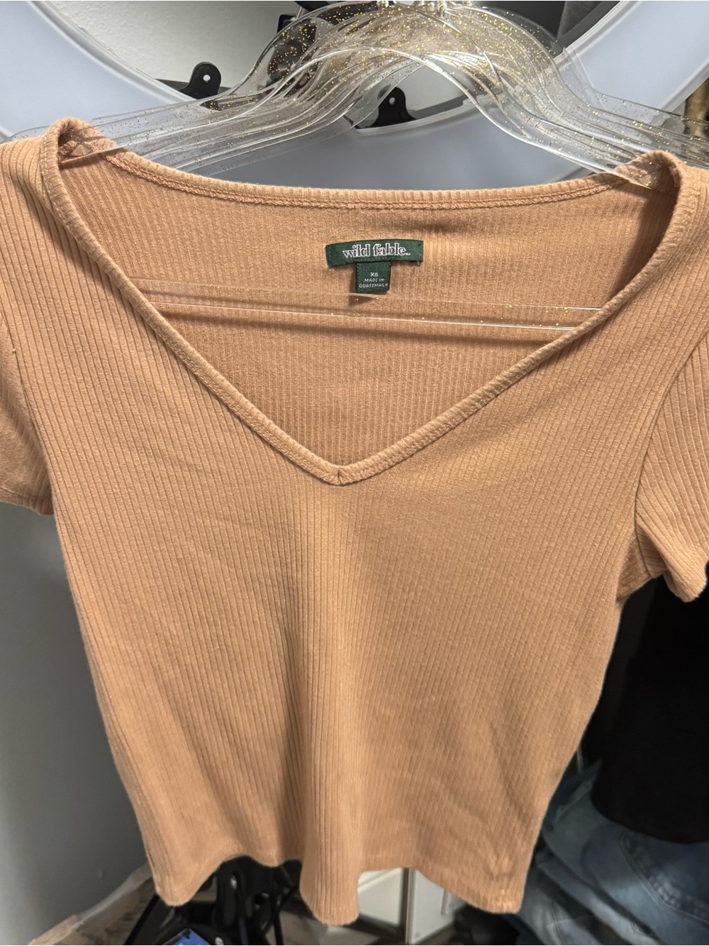 wild fable Ribbed V-Neck Short Sleeve Top — Camel Tan